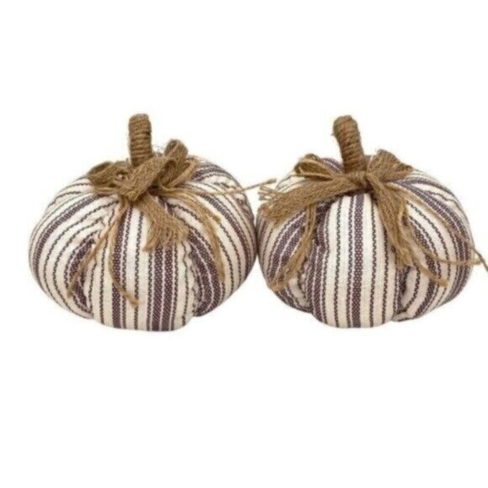 Burgundy Striped Fabric Pumpkin Fall Farmhouse Decor Set of 2 New